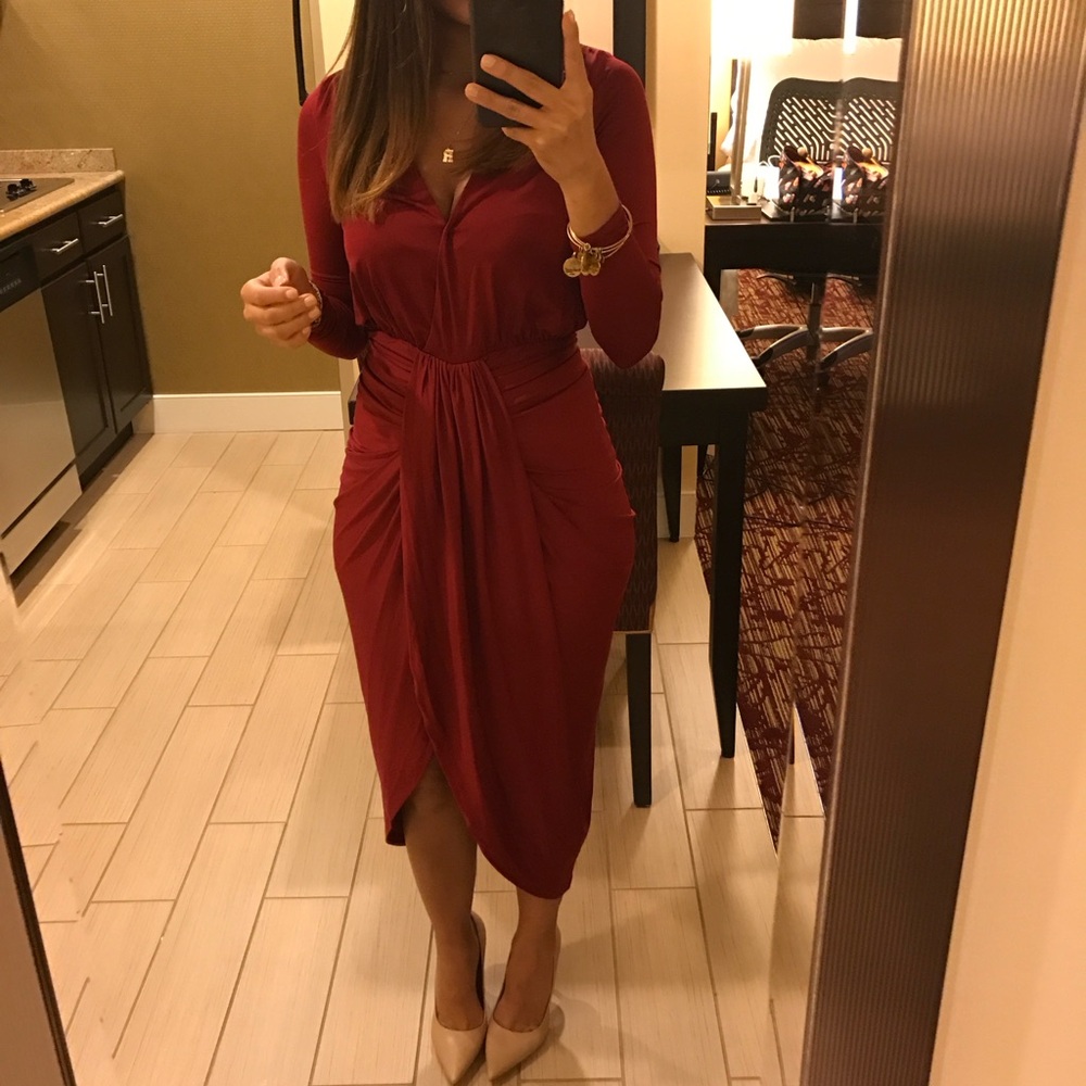 JLUXLABEL Red Ruched V-Neck Bodycon Dress